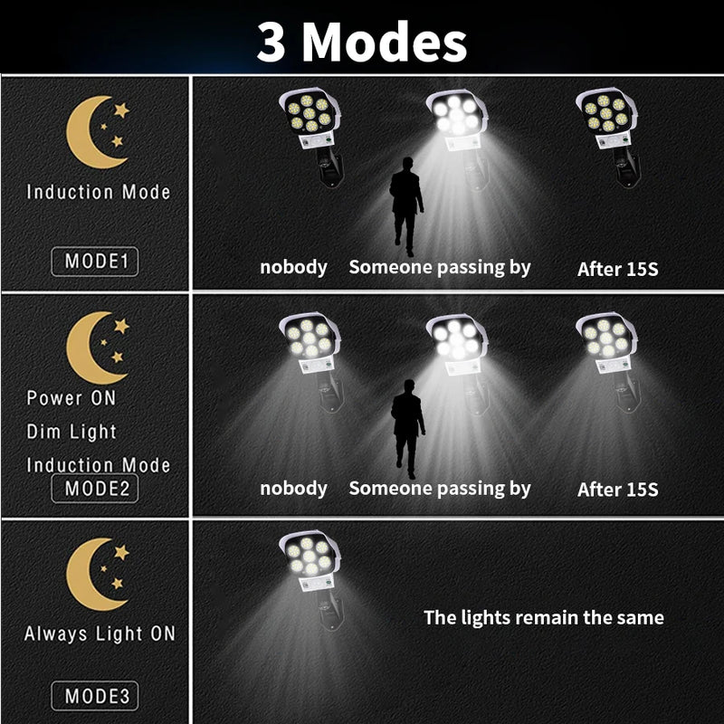 Outdoor Solar Lights Motion Sensor Dummy Camera 77 LEDs Spotlight Waterproof Wall Street Lamp for Home Yard Solar Garden Light